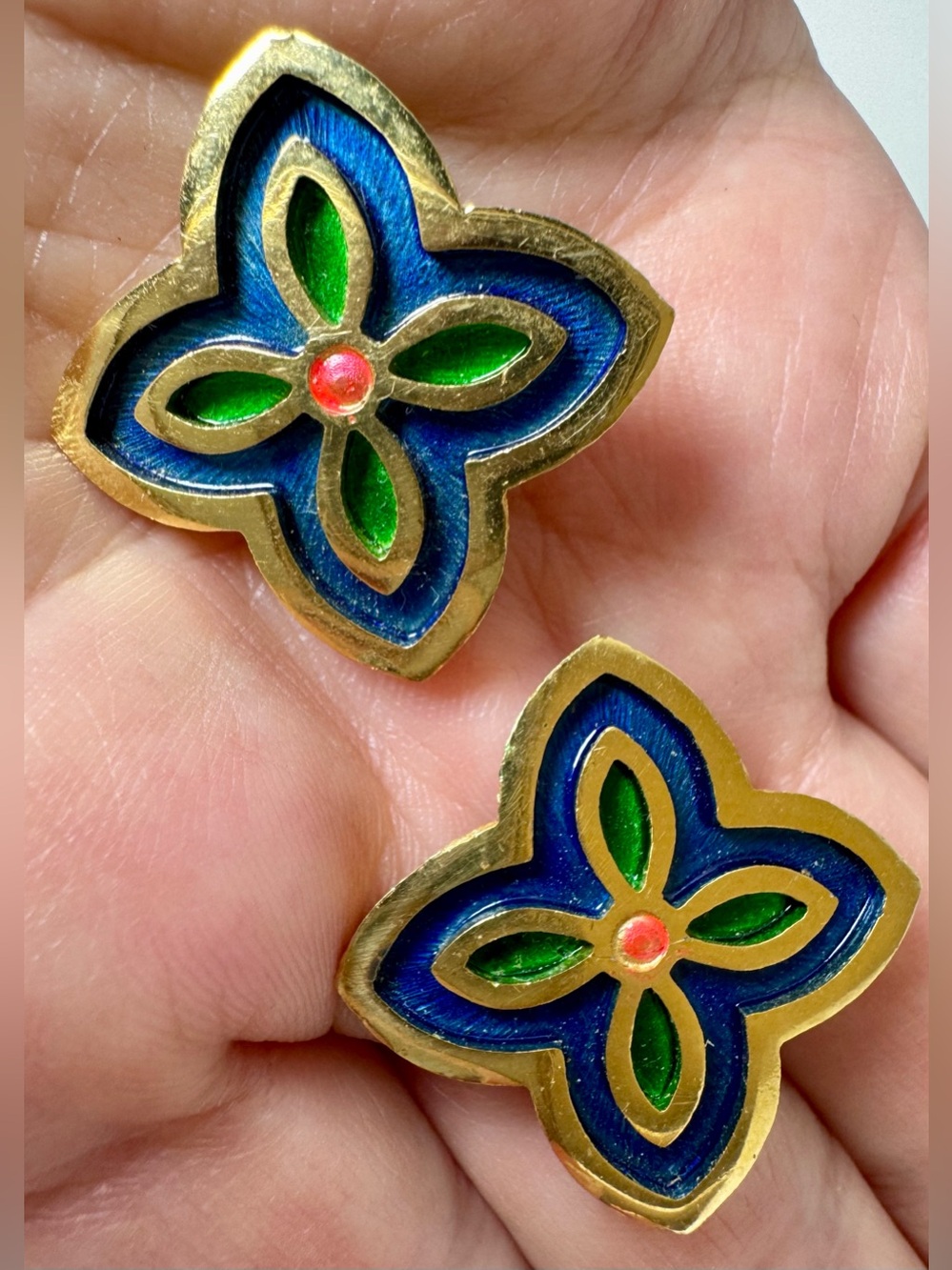 RARE Signed Napier Pat. Pend. Blue & Green Enamel Floral Earrings #1410